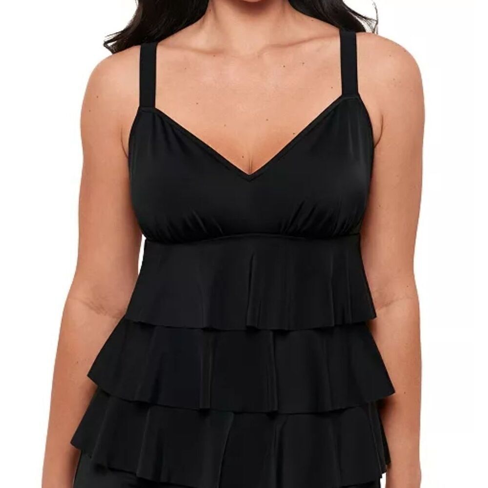 Swim Solutions Triple Pleat Tankini Ruffled Swim Top Black Womens Size 8